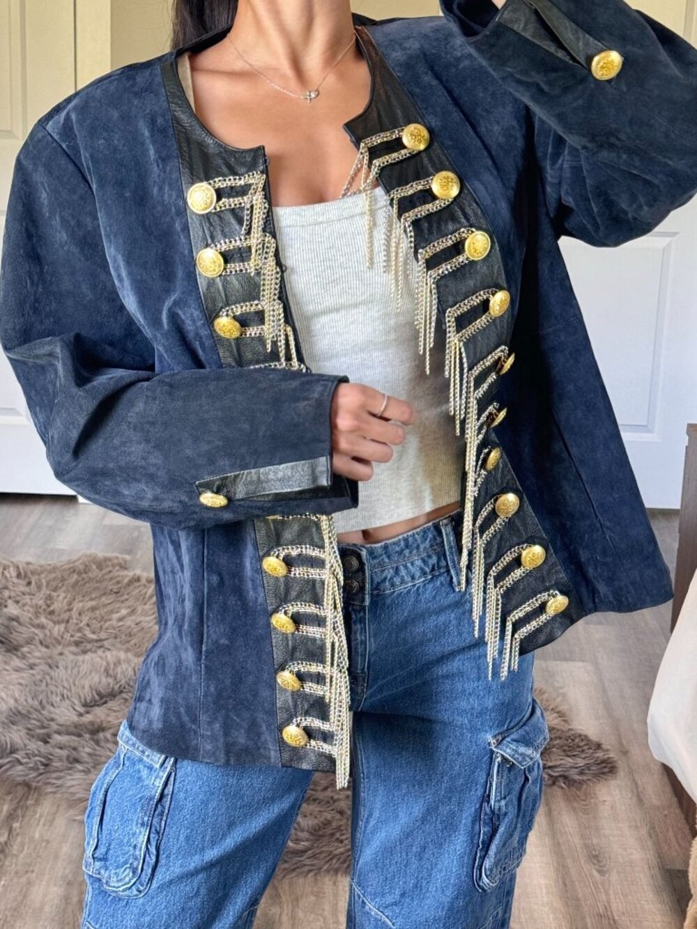 Vintage Blue Suede Leather Napoleon Jacket Womens 1X Military Army Navy Chains
